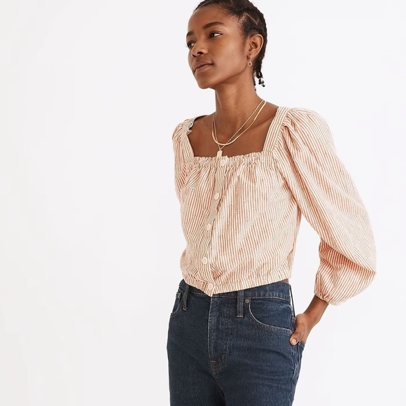 Madewell Puff-Sleeve Button-Front Crop Top in Embroidered Stripe XXS - Picture 2 of 13